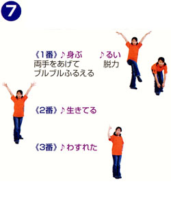 <1番>♪身ぶるい。両手をあげて脱力。ブルブルふるえる。<2番>♪生きてる<3番>♪わすれた <1番>♪身ぶるい。両手をあげて脱力。ブルブルふるえる。<2番>♪生きてる<3番>♪わすれた
