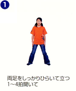 両足をしっかりひらいて立つ。1~4拍聞いて 両足をしっかりひらいて立つ。1~4拍聞いて