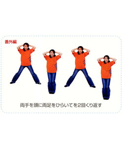 両手を頭に両足をひらいて2回繰り返す 両手を頭に両足をひらいて2回繰り返す