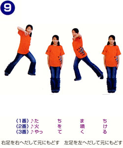 <1番>♪たちまち<2番>♪火を噴け<3番>♪やってくる。右足を右へだして元にもどす。左足を左へだして元にもどす。 <1番>♪たちまち<2番>♪火を噴け<3番>♪やってくる。右足を右へだして元にもどす。左足を左へだして元にもどす。