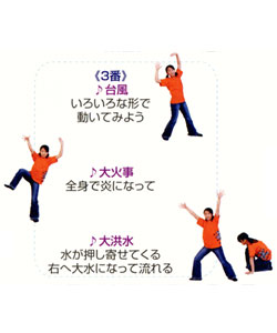 <3番>♪台風。いろいろな形で動いてみよう。♪大火事。全身で炎になって。♪大洪水。水が押し寄せてくる。右へ大水になって流れる <3番>♪台風。いろいろな形で動いてみよう。♪大火事。全身で炎になって。♪大洪水。水が押し寄せてくる。右へ大水になって流れる