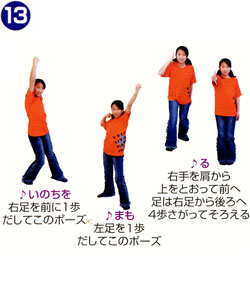 ♪いのちを。右足を前に1歩だしてこのポーズ。♪まも。左足を1歩だしてこのポーズ。♪る。右手を肩から上をとおって前へ足は右足から後ろへ4歩さがってそろえる ♪いのちを。右足を前に1歩だしてこのポーズ。♪まも。左足を1歩だしてこのポーズ。♪る。右手を肩から上をとおって前へ足は右足から後ろへ4歩さがってそろえる
