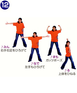 ♪みん。右手右足をひろげて。♪なで。左手もひろげて。♪まも。ガッツポーズ。♪る。上体をひねる。 ♪みん。右手右足をひろげて。♪なで。左手もひろげて。♪まも。ガッツポーズ。♪る。上体をひねる。